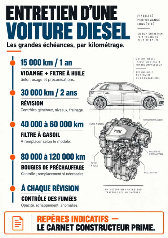 Infographie des échéances d’entretien d’une voiture diesel par kilométrage