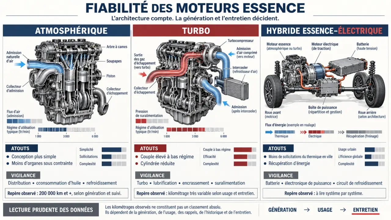 Infographie comparative sur la fiabilité des moteurs essence atmosphériques, turbo et hybrides