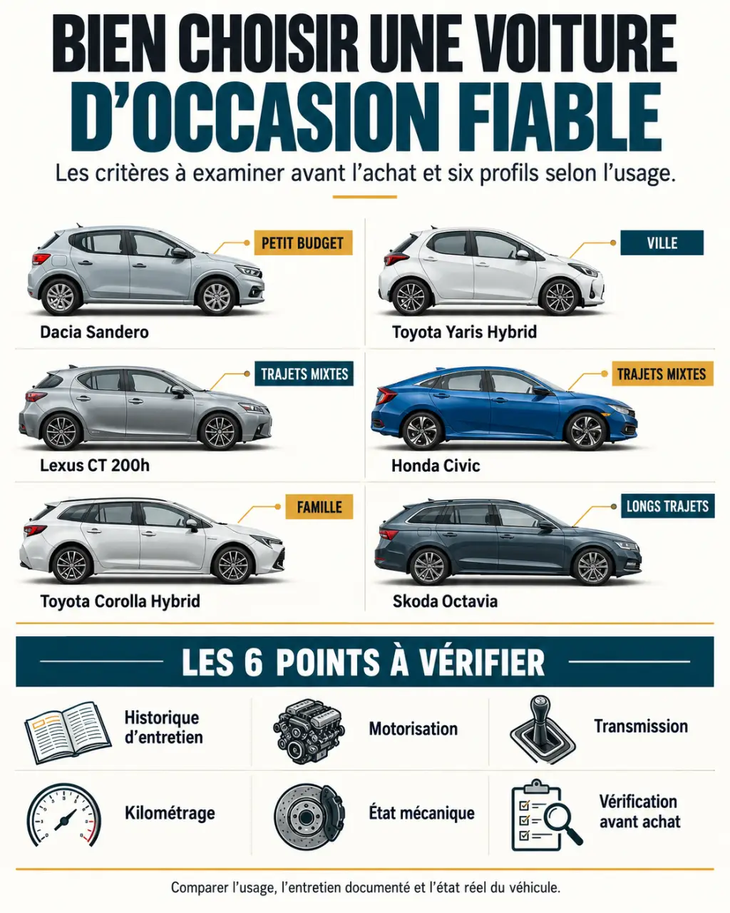 Infographie pour choisir une voiture occasion fiable selon l’usage, la motorisation et l’historique