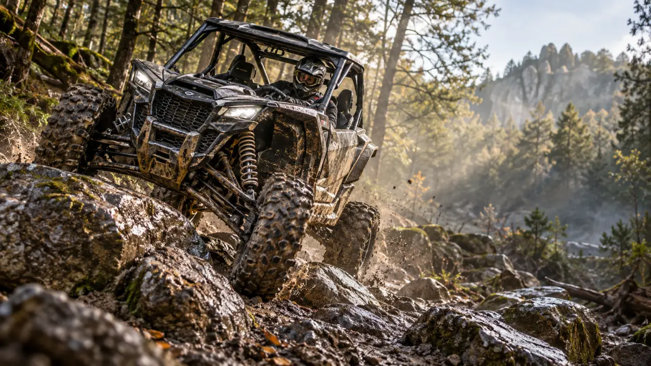 SSV tout-terrain en action sur un obstacle du parcours de franchissement