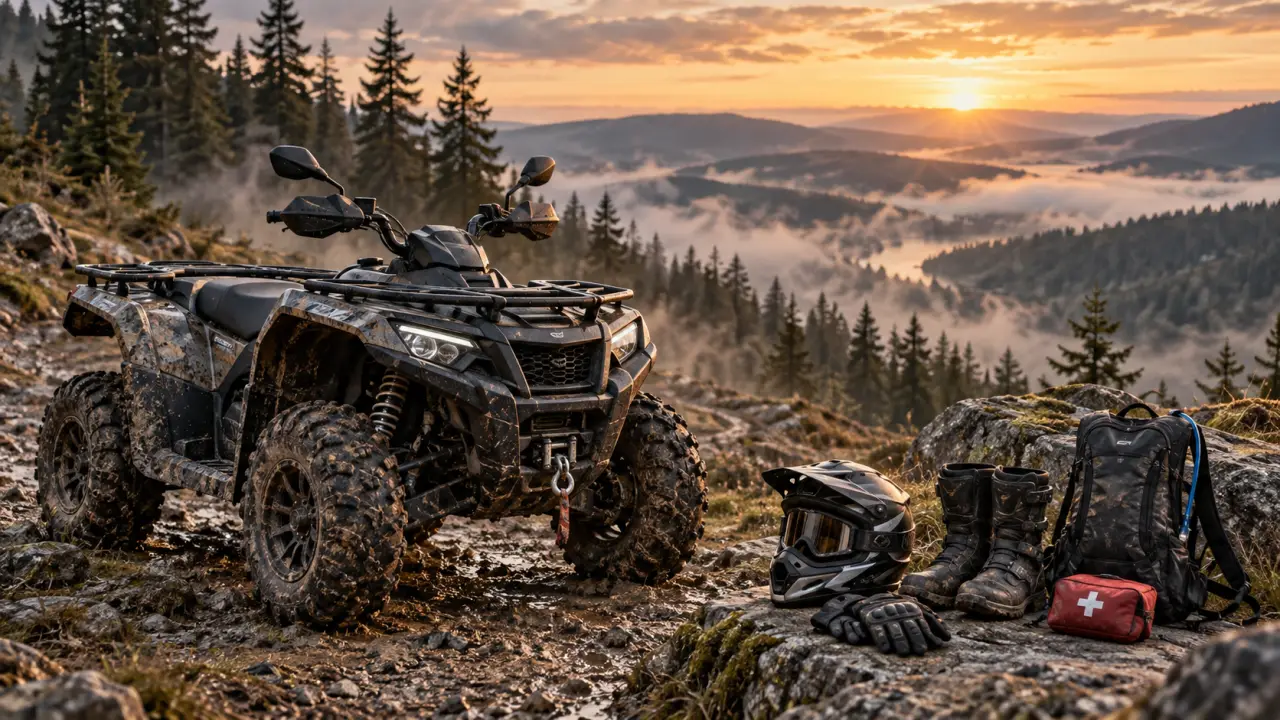 Pilote casqué au guidon d'un quad dans une zone tout-terrain