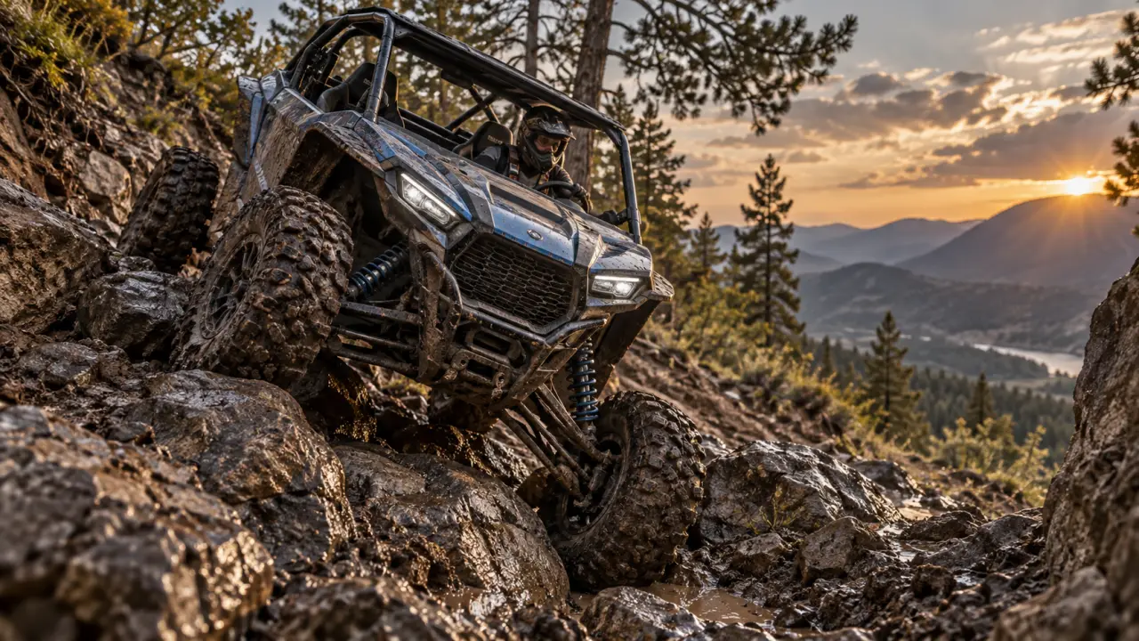 Buggy SSV progressant sur un obstacle en zone de franchissement tout-terrain