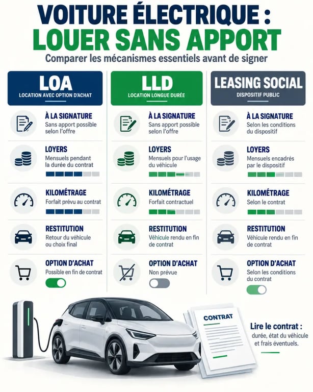 Infographie sur la voiture électrique en LOA sans apport comparant LOA, LLD et leasing social