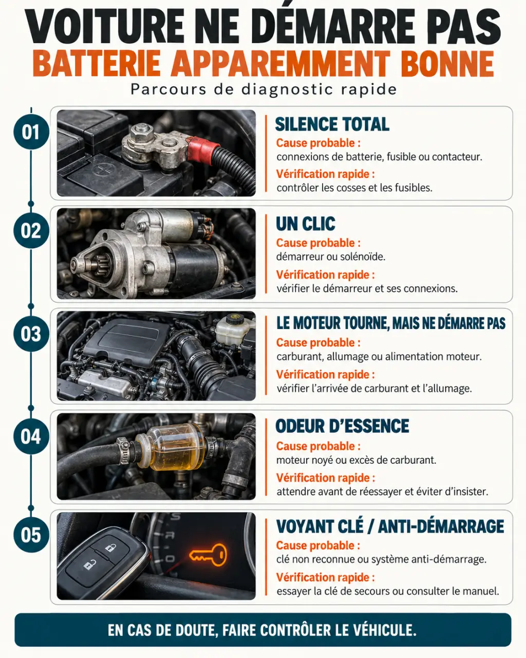 Infographie pour comprendre pourquoi une voiture ne démarre pas mais batterie ok selon les symptômes