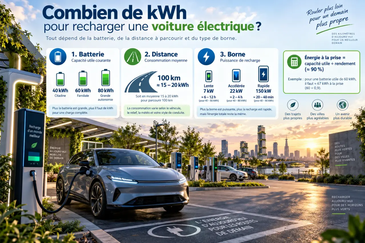 Combien de kWh pour recharger une voiture électrique, selon la batterie, la distance et la borne ?