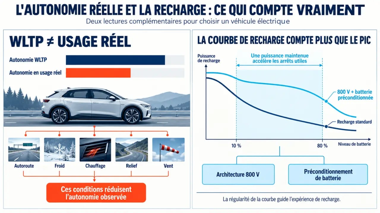Schéma sur l’autonomie réelle et la recharge d’une voiture électrique haut de gamme