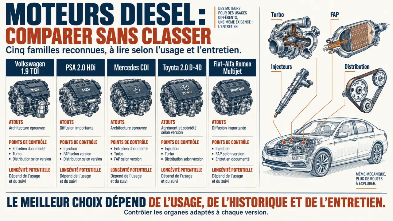 Comparaison du meilleur moteur diesel entre 1.9 TDI, 2.0 HDi, Mercedes CDI, D-4D et Multijet