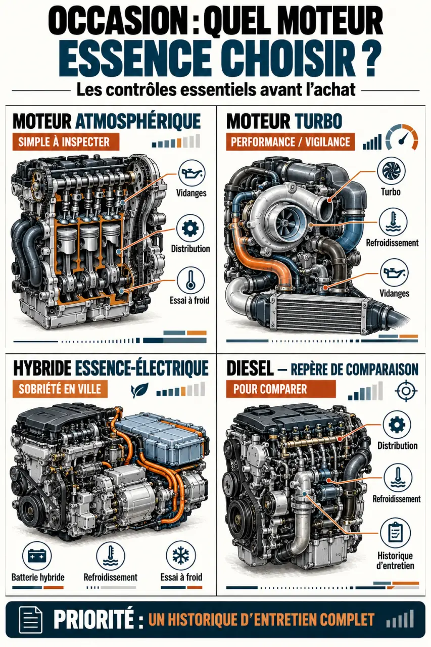 Infographie comparative sur les moteurs essence fiables et les contrôles à effectuer avant l'achat d'une voiture d'occasion