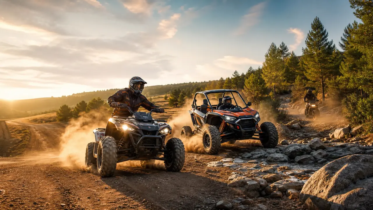 Quad en traversée de flaque de boue avec éclaboussures, ambiance dynamique et lumière dorée