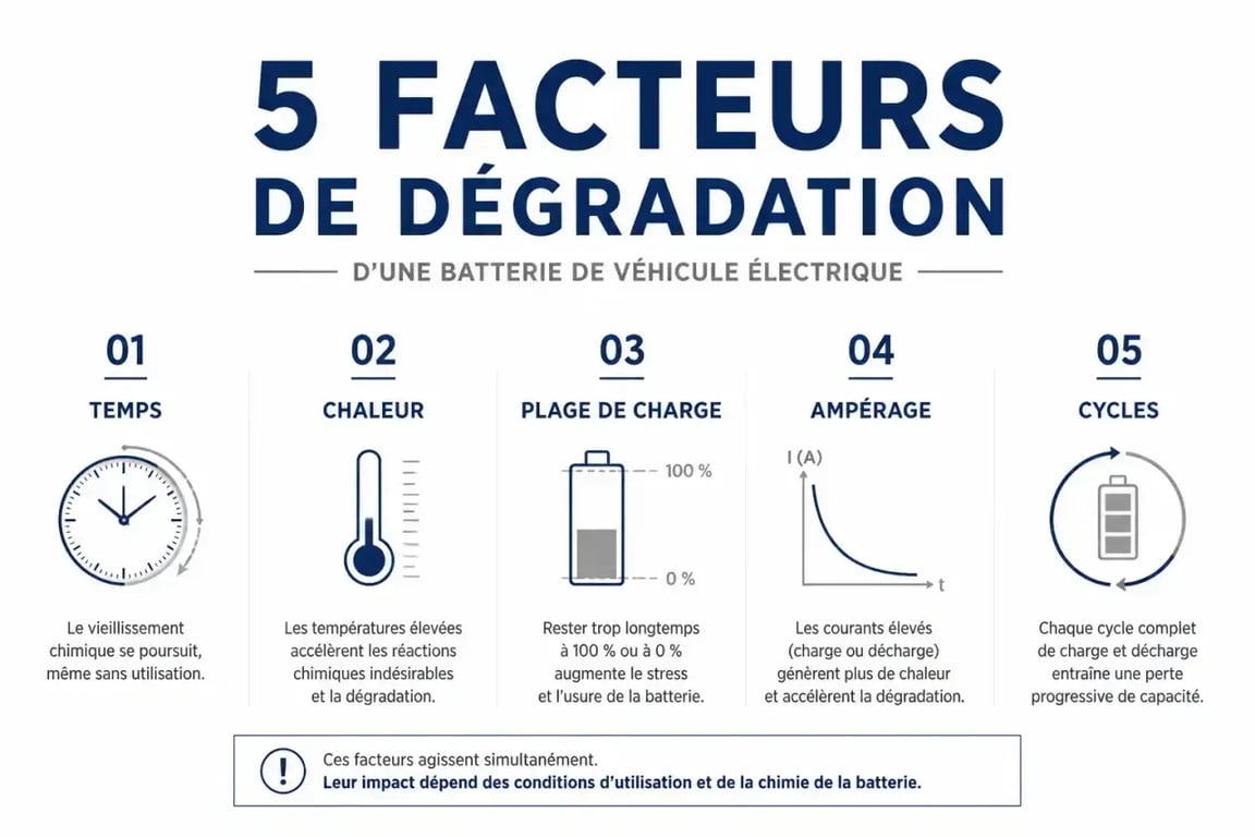 Infographie des facteurs d'entretien batterie voiture electrique : temps, chaleur, plage de charge, ampérage, cycles