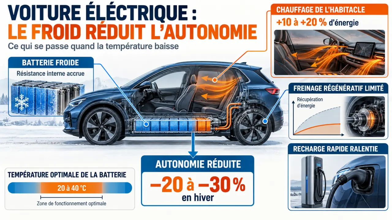 Infographie sur les voitures électriques par temps froid, l'autonomie, le chauffage et la recharge
