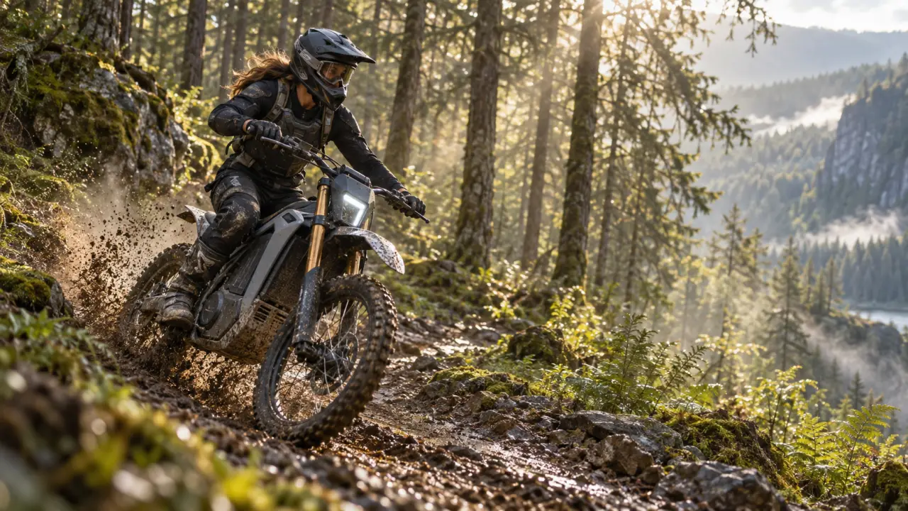Pilote en moto électrique sur un parcours d'enduro forestier