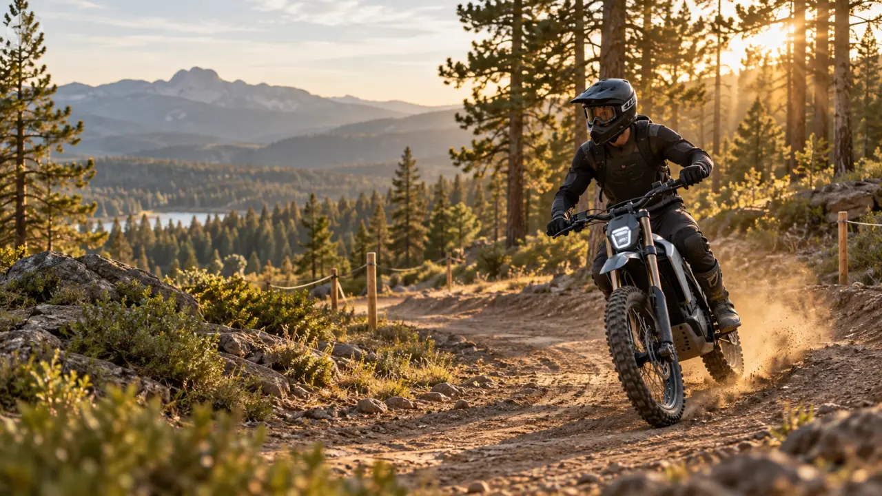 Pilote débutant sur une moto électrique off-road sur un terrain tout-terrain