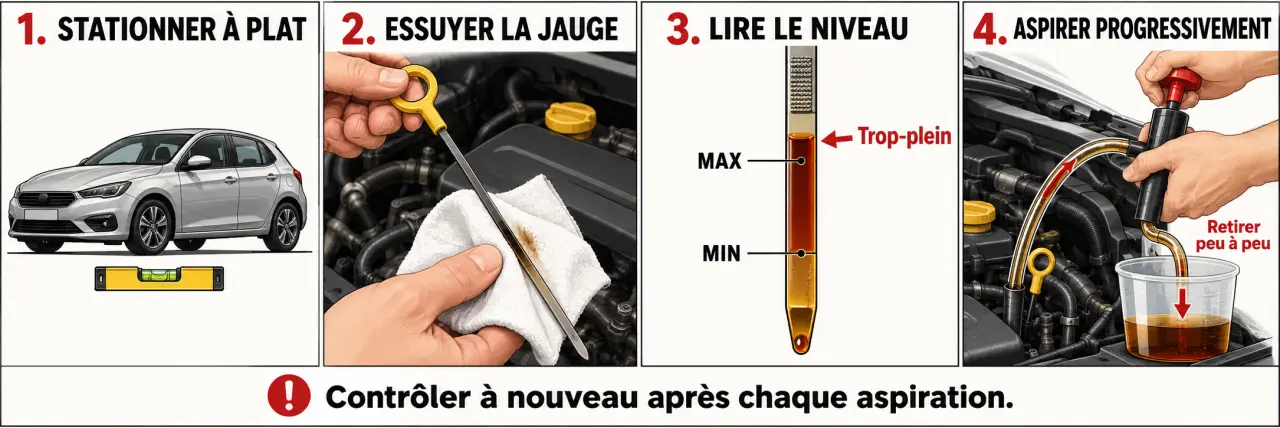 Schéma de vérification d’un trop huile dans le moteur avec jauge et aspiration de l’excédent