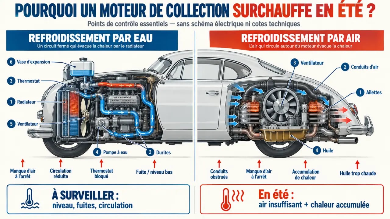 Pourquoi le moteur de ma voiture de collection surchauffe en été : schéma des circuits de refroidissement par eau et par air