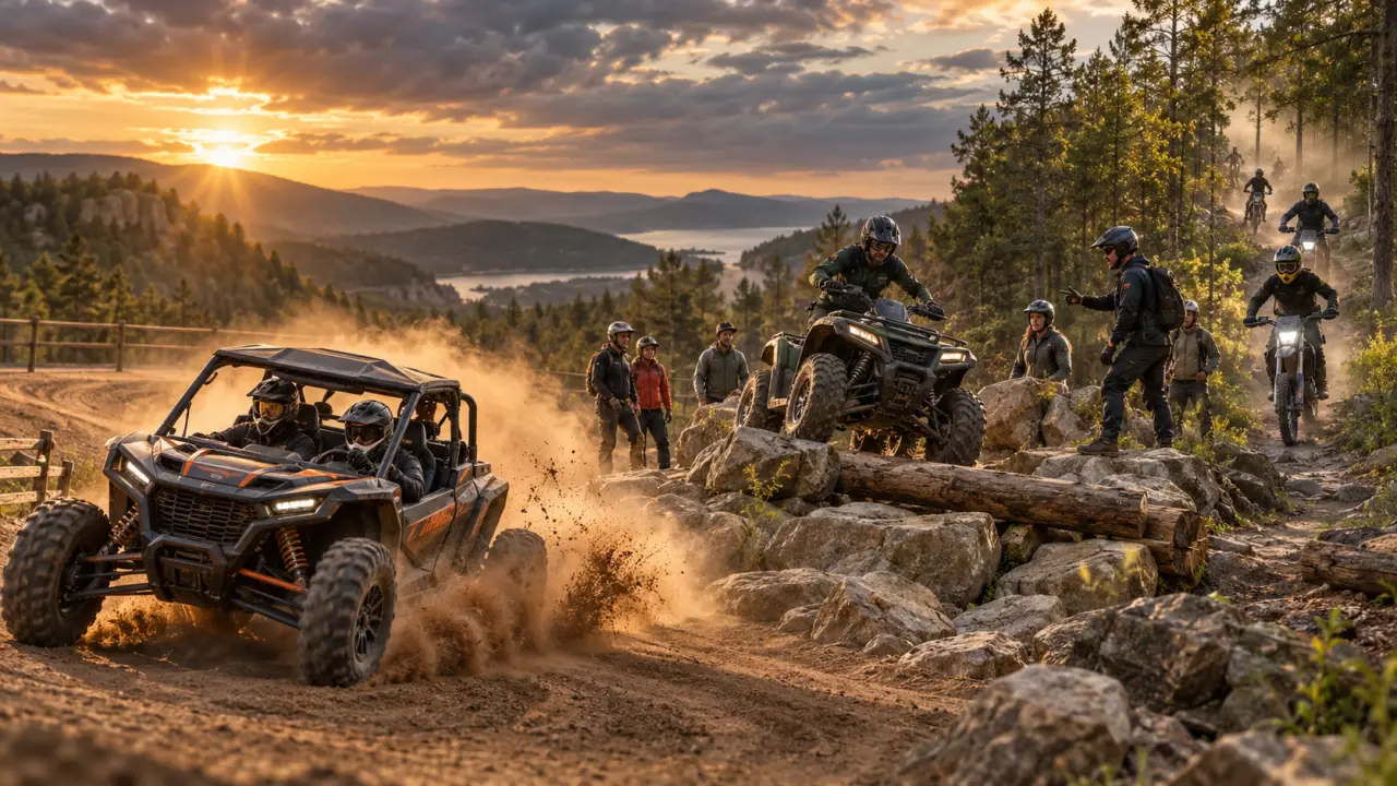 Groupe de salariés au volant de buggies SSV sur un terrain tout-terrain