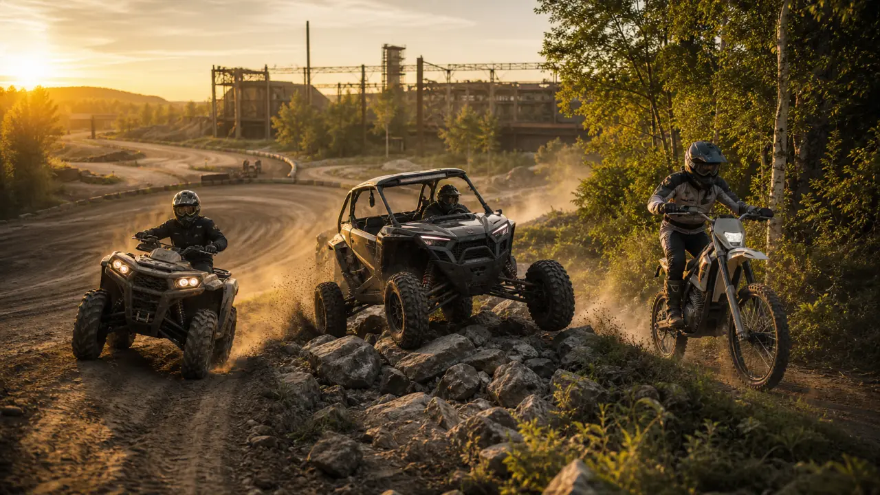 Quad traversant une flaque de boue au coucher du soleil