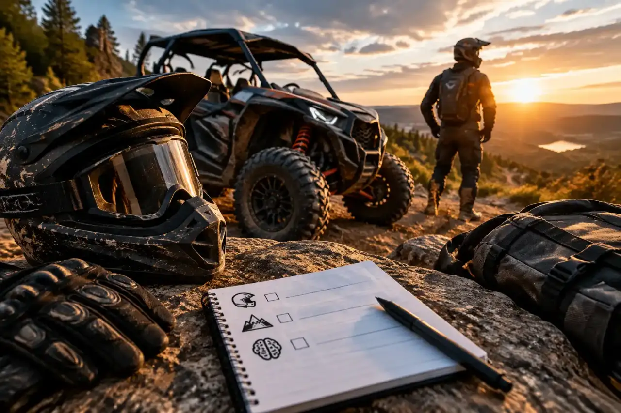 Buggy SSV piloté sur une piste tout-terrain, casque et équipements de sécurité visibles