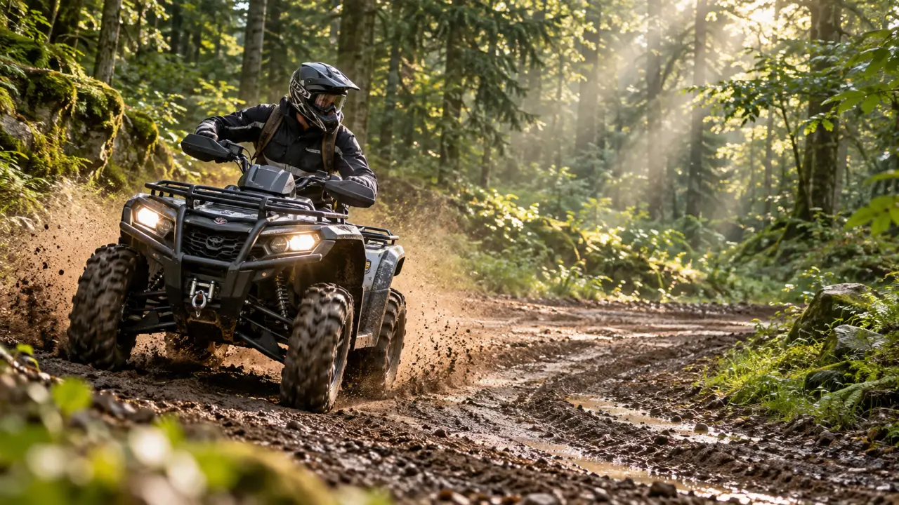 Quad tout-terrain piloté sur un parcours de terre et de boue