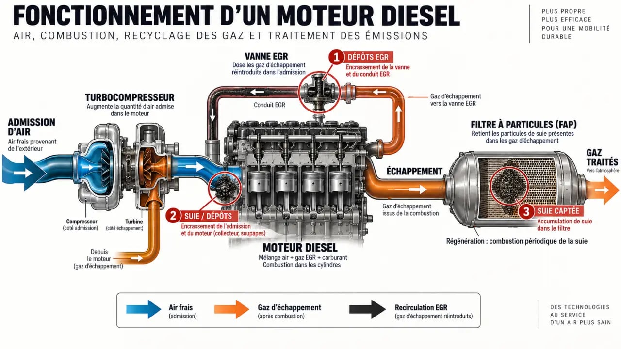 Schéma du fonctionnement du FAP, du turbo et de la vanne EGR pour l’entretien d’une voiture diesel