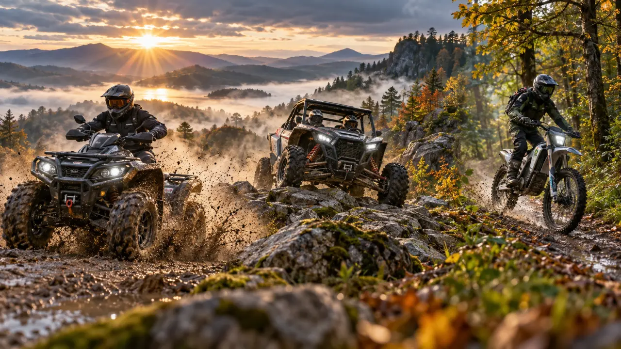 Quad tout-terrain traversant une flaque de boue sur un circuit off-road