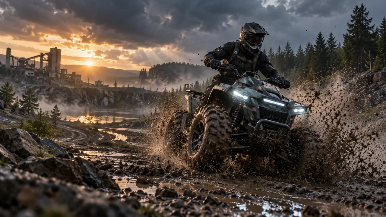 Quad électrique tout-terrain traversant une zone boueuse