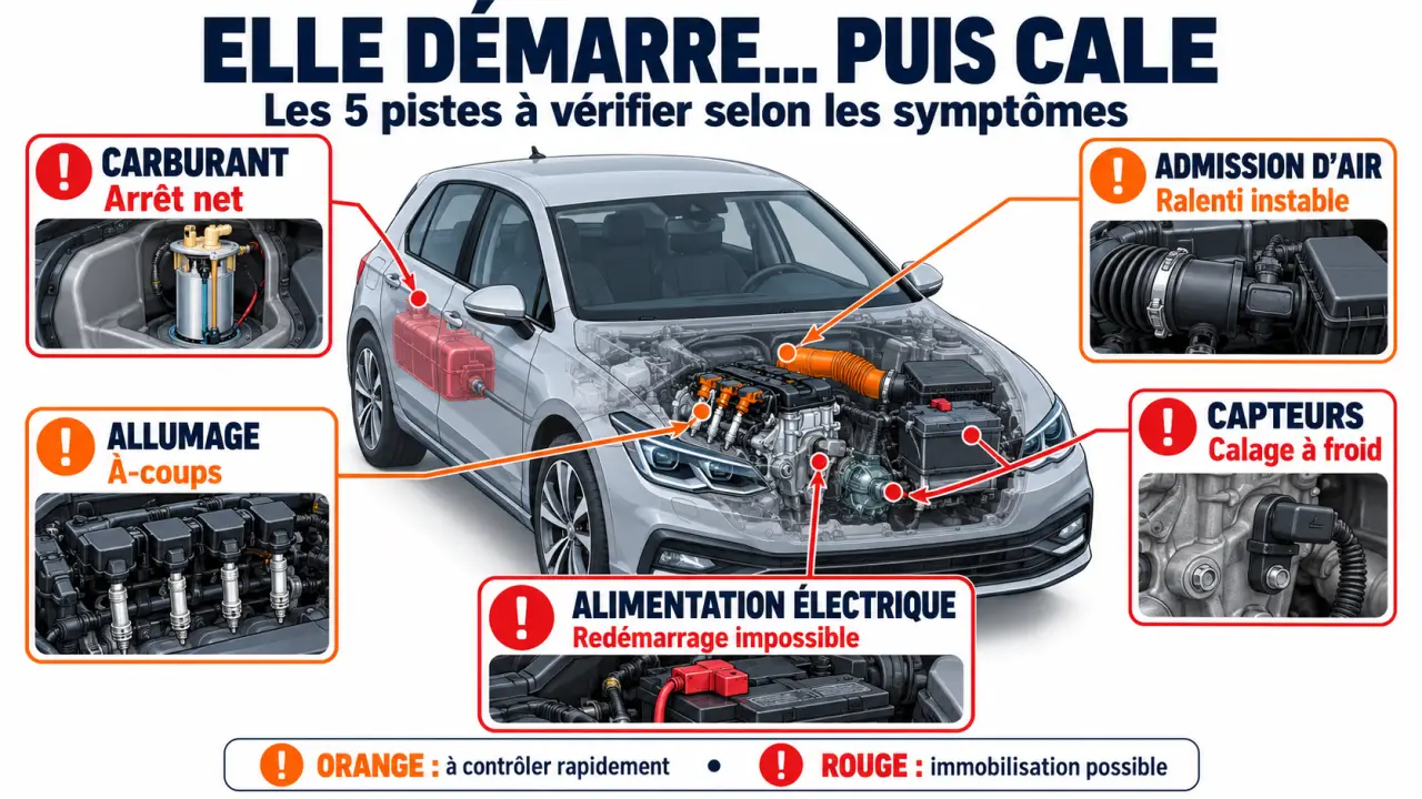 Infographie sur une voiture qui démarre et cale, avec les principales causes et indices de diagnostic