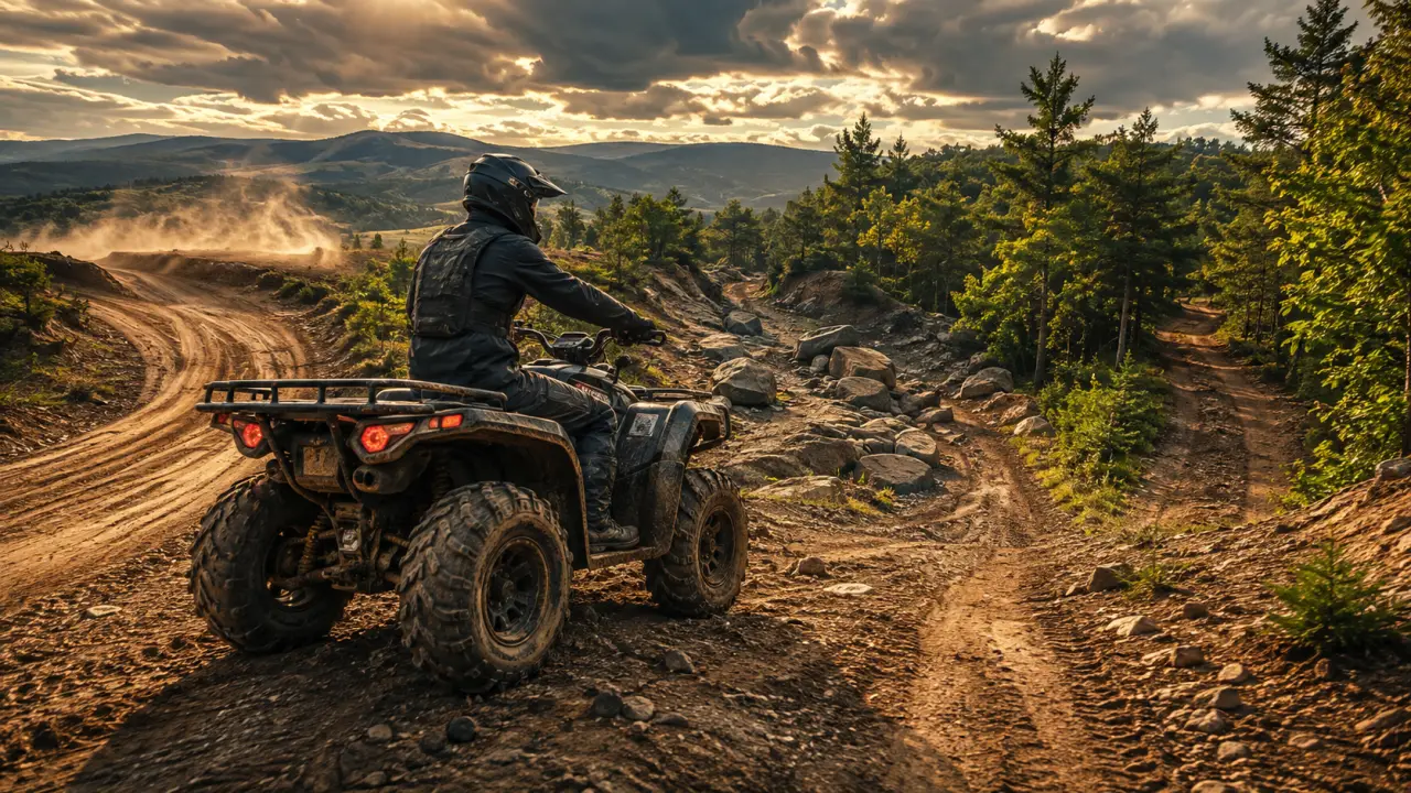 Quad traversant une flaque de boue à grande vitesse sur une piste tout-terrain