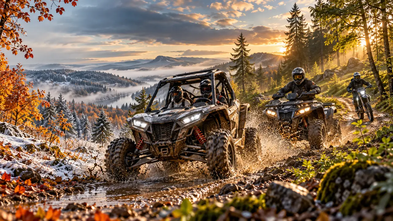 Quad, buggy et moto électrique sur un terrain tout-terrain au fil des saisons