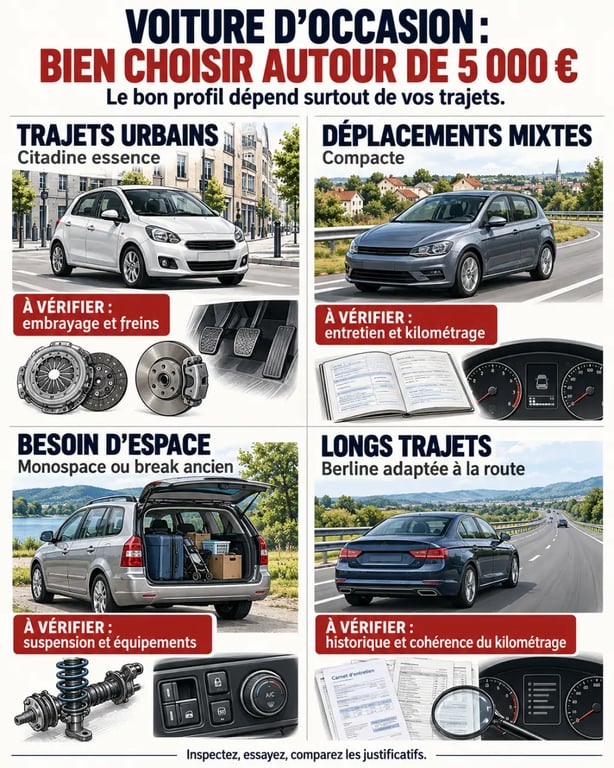Infographie pour choisir une voiture 5000 euros selon son usage et les points de vigilance