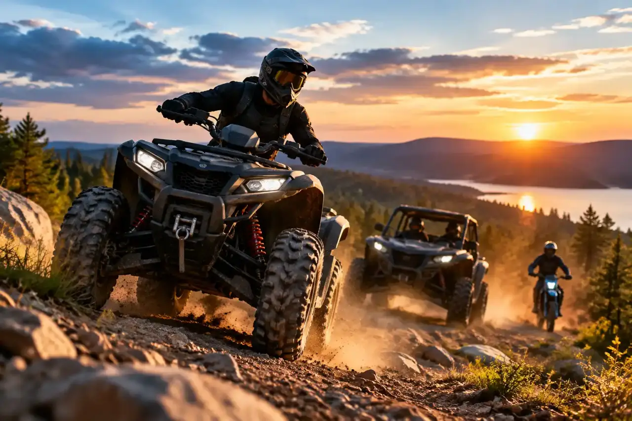 Pilote casqué au guidon d’un quad sur un terrain off-road
