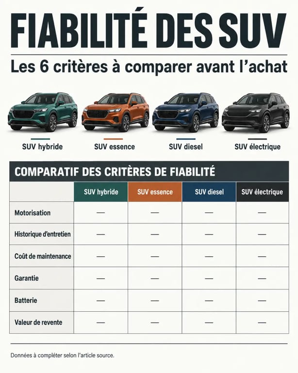 Infographie comparative sur la fiabilité des SUV et les critères de choix