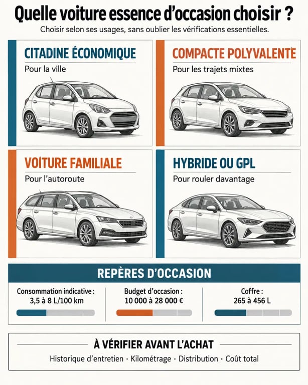 Infographie comparative pour choisir une voiture fiable essence d'occasion selon l'usage, le budget et la consommation