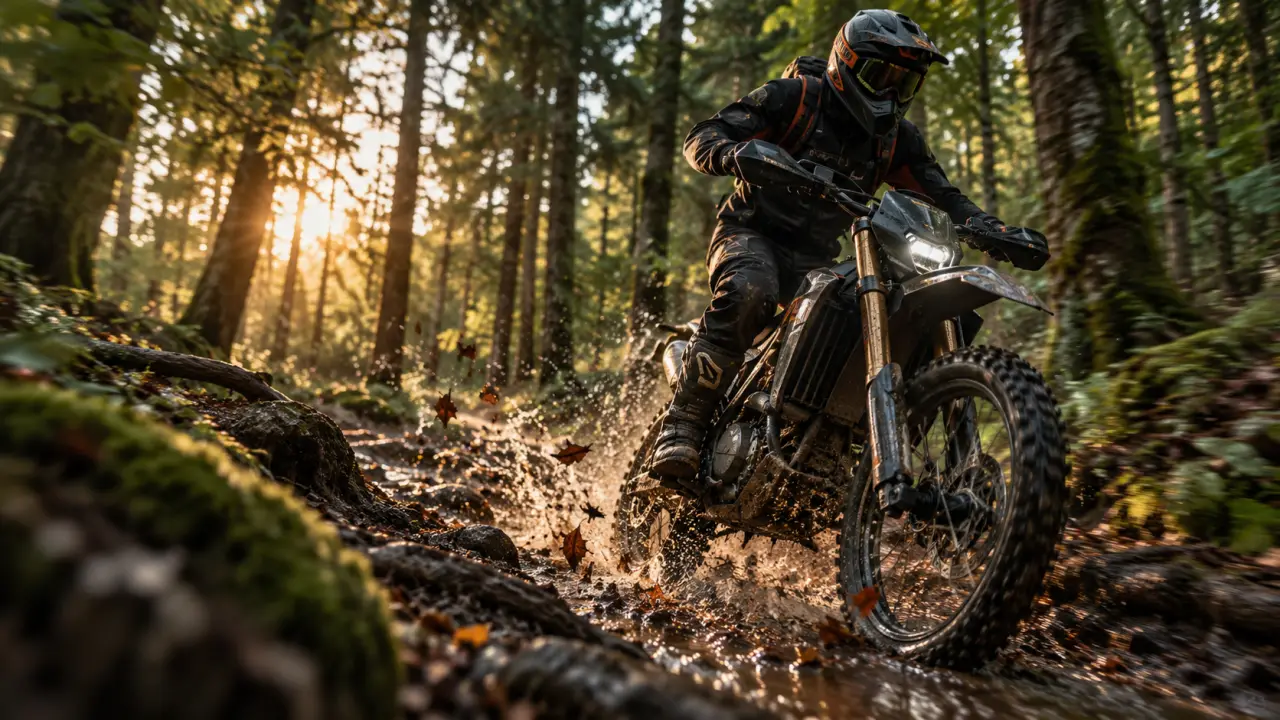 Pilote en moto électrique sur un parcours d’enduro forestier