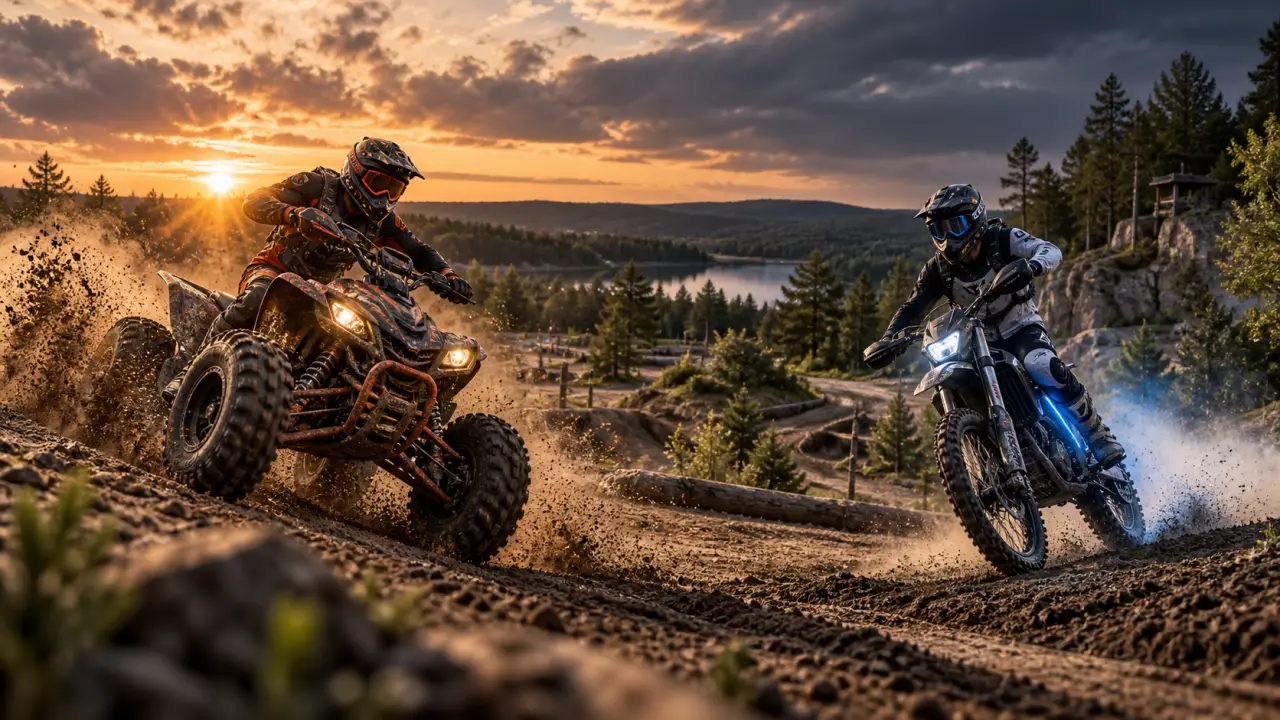 Quad tout-terrain traversant une zone boueuse face à une moto électrique off-road