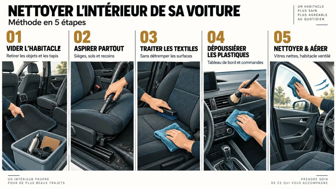 Nettoyer une voiture interieur en cinq étapes, de l’aspiration au nettoyage des vitres
