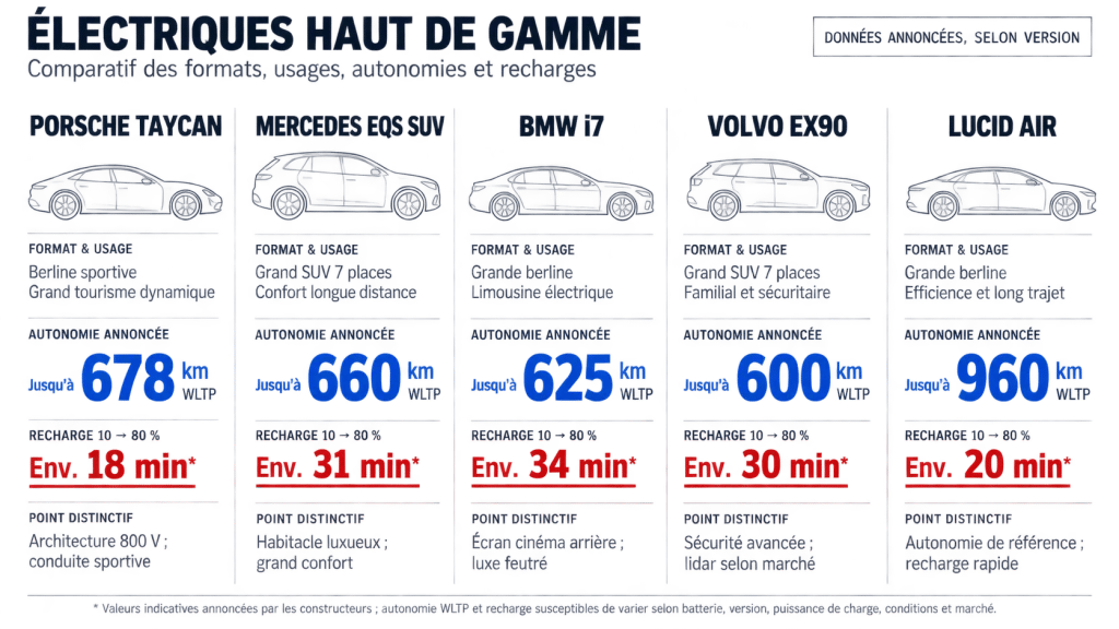Infographie comparative des voitures électriques haut de gamme selon l’autonomie et la recharge
