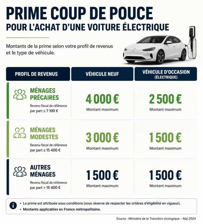 Tableau récapitulatif des aides à l'achat pour une voiture électrique en 2026 par profil de ménage.