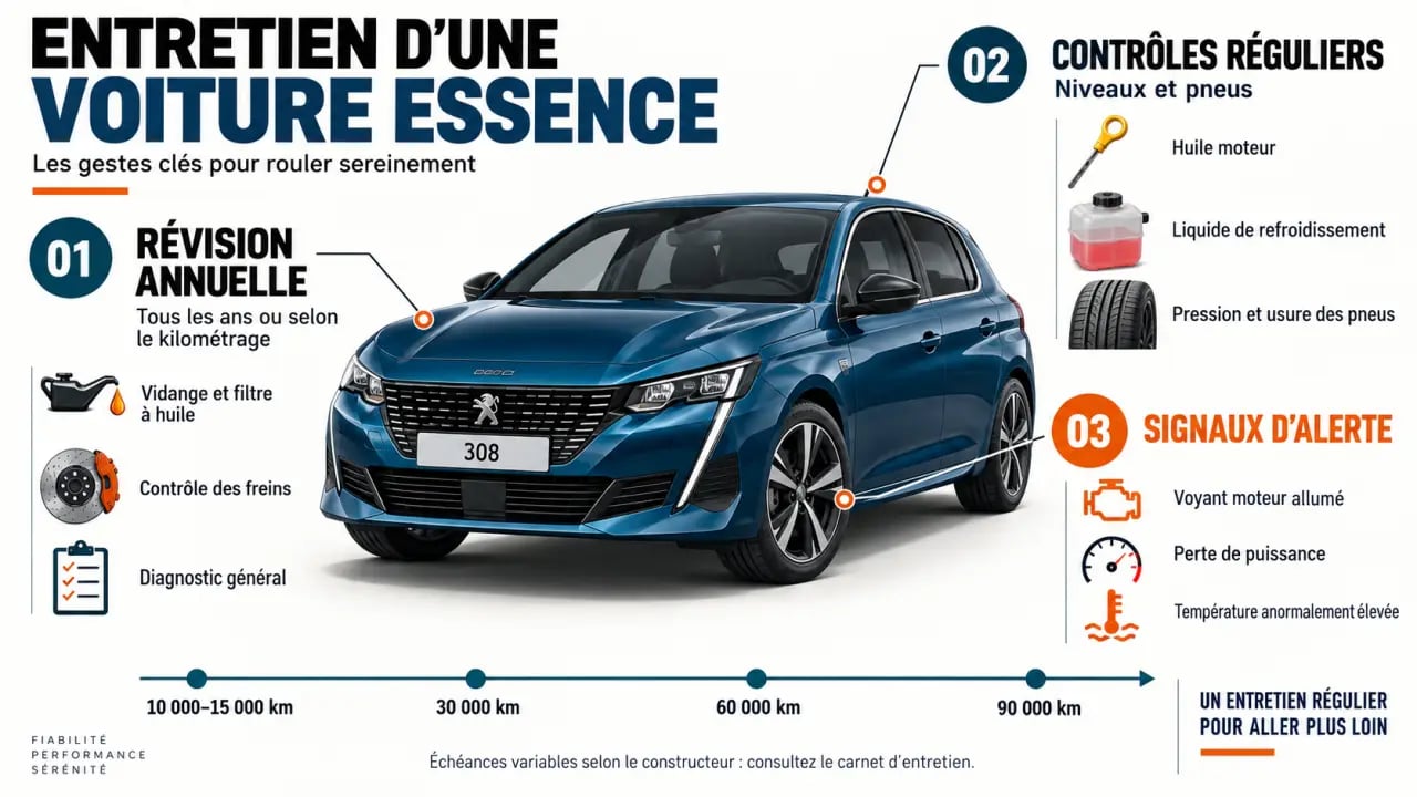 Infographie sur l’entretien d’une voiture essence et ses principaux intervalles de contrôle