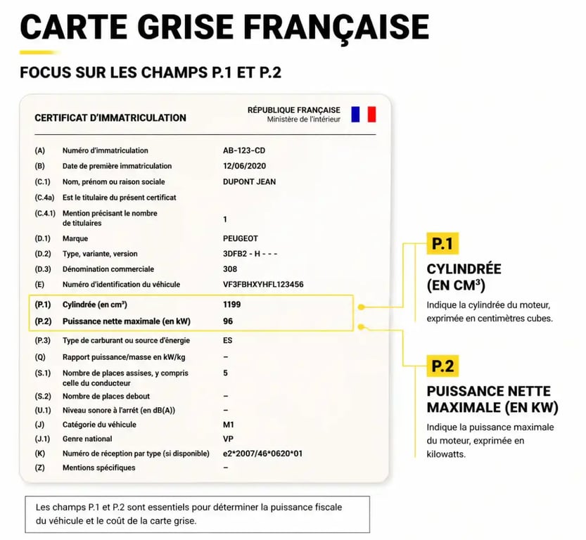 Emplacement des champs P.1 et P.2 sur la carte grise pour connaitre la motorisation de sa voiture