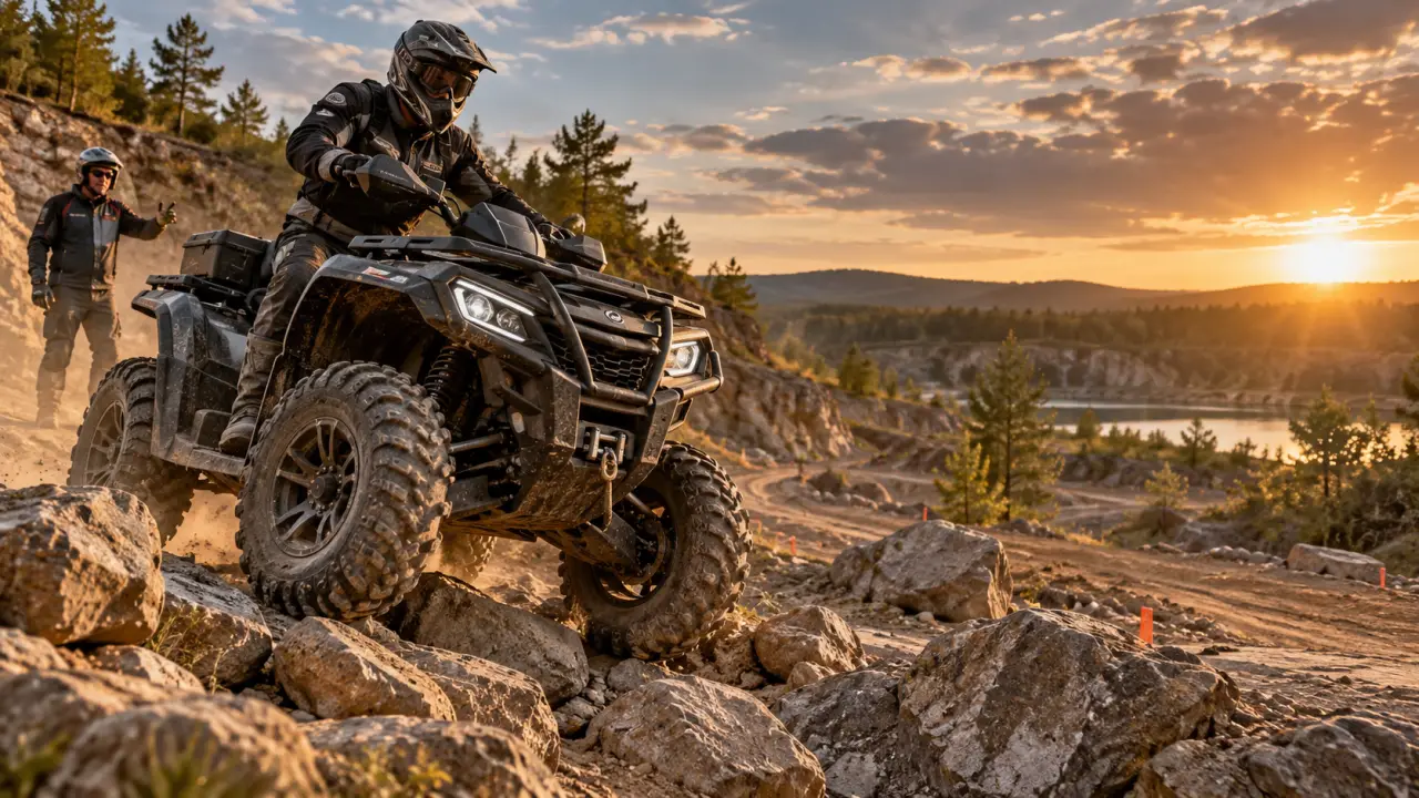 Pilote casqué réalisant le franchissement d'un obstacle en quad tout-terrain